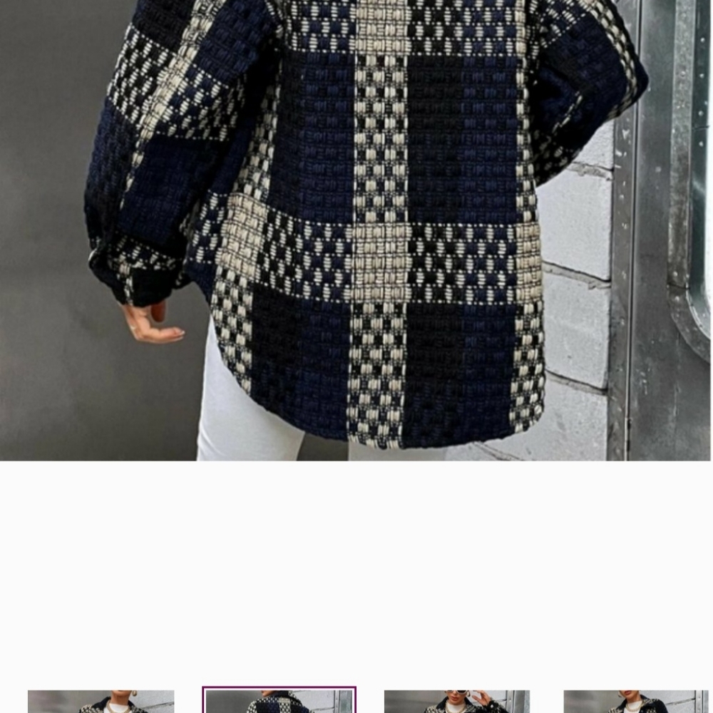 Casual Navy Plaid Print Flap Pocket Oversized button front Shacket jacket Coat